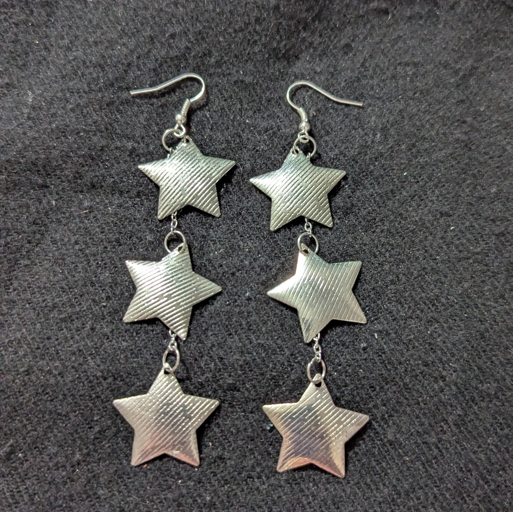 Silver Tone Star Dangle Statement Earrings - image 1